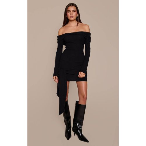 Black Robe Moulante Côtelée À Détail Cache-cœur Et Encolure Bardot | Taille 42 - PrettyLittleThing - Modalova