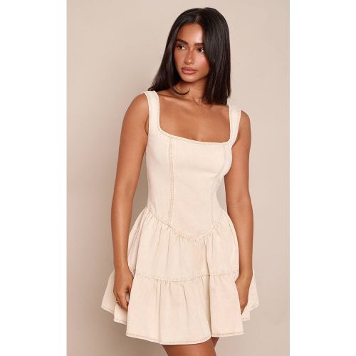 Stone Robe Courte En Denim Fluide À Encolure Carrée Avec Surpiqûres Contrastées Et Boutonnage Devant Petite | Taille 32 - PrettyLittleThing - Modalova