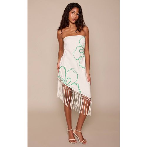 White Robe Midaxi Bandeau Asymétrique À Franges Imprimée | Taille 32 - PrettyLittleThing - Modalova