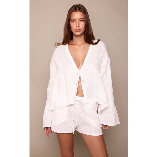 White Ensemble Blouse En Gaze De Coton Avec Nœud Devant | Taille 34 - PrettyLittleThing - Modalova
