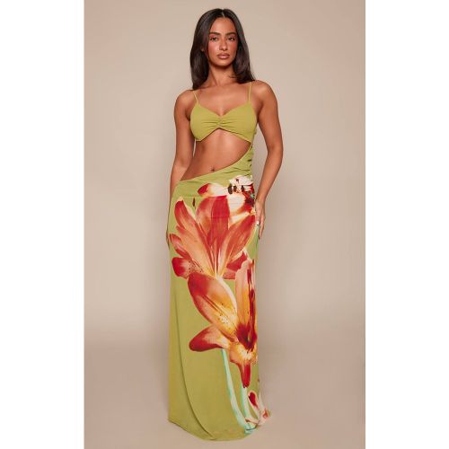 Green Robe Maxi Fluide En Mousseline Imprimée Froncée Avec Liens Latéraux Petite | Taille 32 - PrettyLittleThing - Modalova