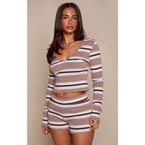 Multi Haut Coordonné À Manches Longues Côtelé À Rayures Et Col En V Petite Taille | Taille XS - PrettyLittleThing - Modalova