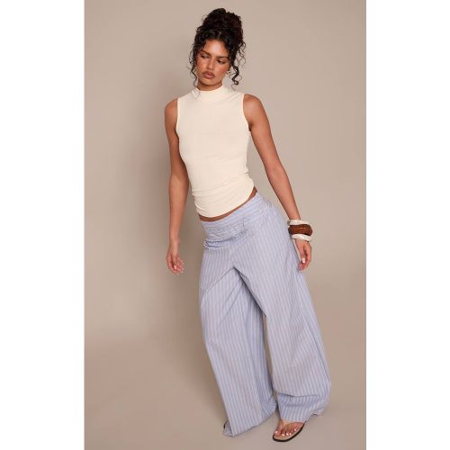 Blue Pantalon Droit À Rayures Avec Taille Pliée Et Lien À Nouer | Taille 42 - PrettyLittleThing - Modalova