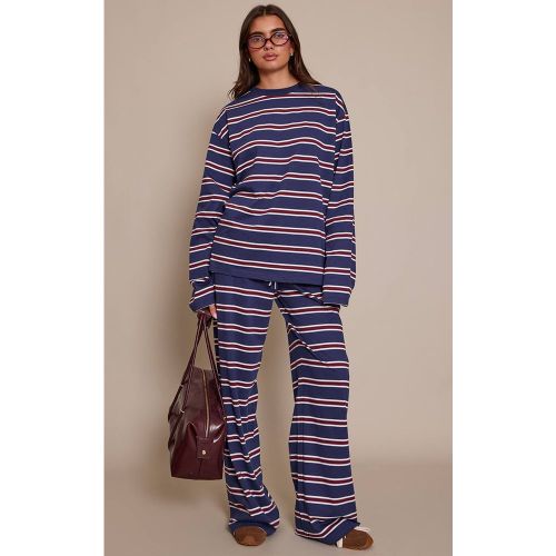 Navy Stripe Pantalon Large À Rayures Avec Cordon De Serrage | Taille 32 - PrettyLittleThing - Modalova