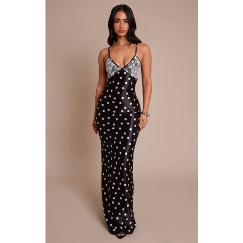 Black Robe Maxi Petite À Pois Avec Détails En Dentelle | Taille 42 - PrettyLittleThing - Modalova
