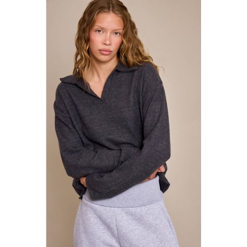 Charcoal Haut Ample À Manches Longues En Laine Avec Col Côtelé | Taille 32 - PrettyLittleThing - Modalova