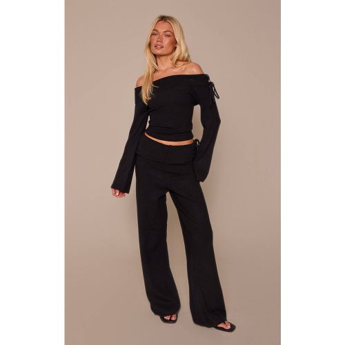 Black Pantalon Large Tricoté À Taille Repliable Et Liens Latéraux | Taille XS - PrettyLittleThing - Modalova