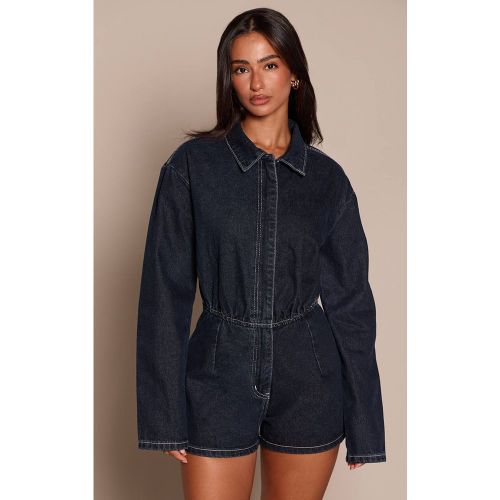 Combinaison-short Petite En Denim Brut À Manches Longues | Taille 42 - PrettyLittleThing - Modalova