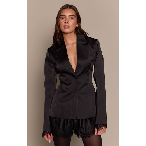 Black Blazer Structuré En Satin Avec Détails En Dentelle | Taille 32 - PrettyLittleThing - Modalova
