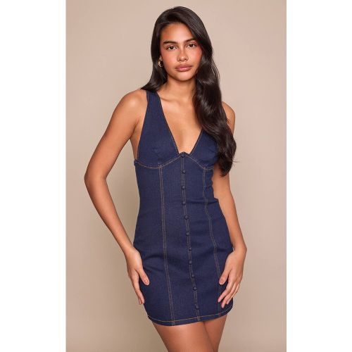 Robe Mini En Denim À Décolleté Plongeant Avec Boutons Recouverts | Taille 42 - PrettyLittleThing - Modalova