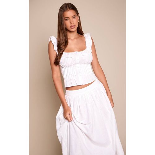 White Top Plissé En Coton À Col Carré À Volants | Taille 34 - PrettyLittleThing - Modalova