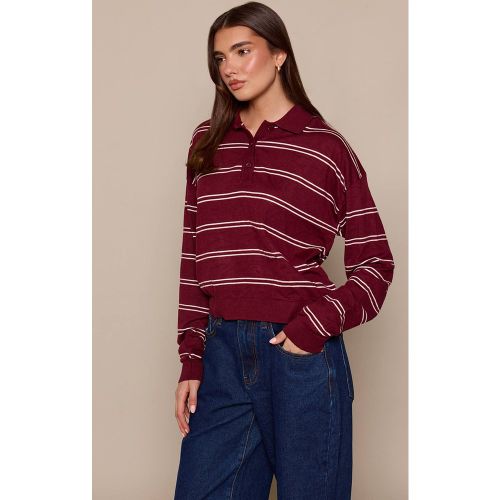Burgundy Synthétiquell Polo Rayé En Maille À Manches Longues | Taille XS - PrettyLittleThing - Modalova