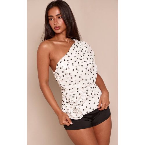 Cream Haut Petite En Mesh Doublé Froncé À Pois Asymétrique Une Épaule | Taille 42 - PrettyLittleThing - Modalova