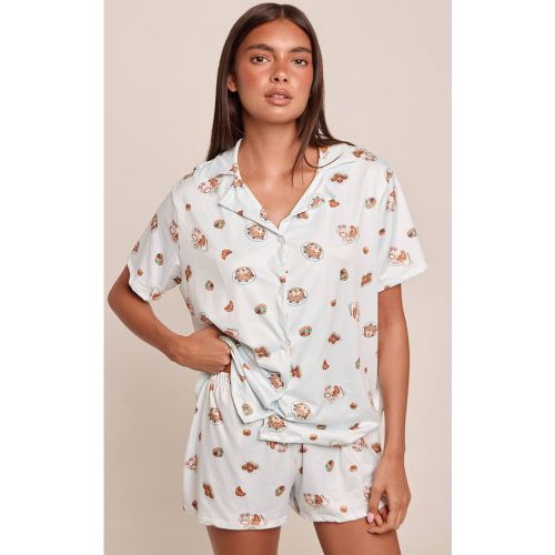 Blue Ensemble Pyjama Imprimé Petit-déjeuner À Manches Courtes Avec Boutonnage | Taille XS - PrettyLittleThing - Modalova