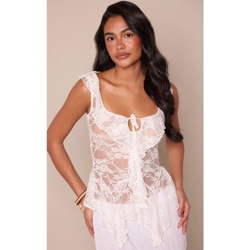 White Haut Long En Dentelle Transparente À Volants Drapés | Taille 42 - PrettyLittleThing - Modalova