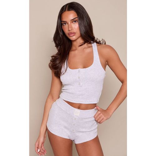Ash Grey Haut Débardeur Court Côtelé À Encolure Arrondie Et Boutonnage Devant Petite Taille - Ensemble Coordonné | Taille Medium - PrettyLittleThing - Modalova