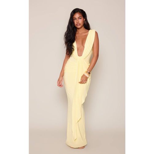 Lemon Robe Longue Drapée À Double Couche En Jersey Slinky Et Décolleté Plongeant | Taille 38 - PrettyLittleThing - Modalova