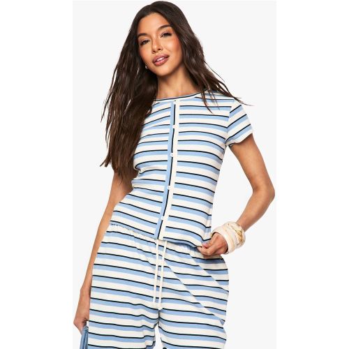 Top à manches courtes en côtes rayées avec boutons | Taille Medium - boohoo - Modalova