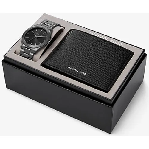 MK Coffret-cadeau composé d'une montre Slim Runway acier surdimensionnée et d'un portefeuille Jet Set en cuir à breloque - Michael Kors - Modalova