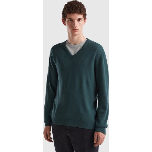 Benetton, Pull Vert Foncé À Col En V En Pure Laine Mérinos, taille M, Vert Foncé - United Colors of Benetton - Modalova