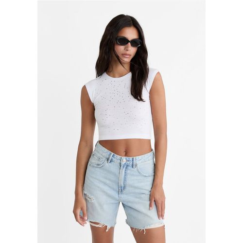 T-shirt mini manches clous Écru XS - Stradivarius - Modalova