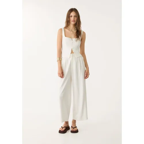 Jupe-culotte à pinces en lin mélangé Écru XS - Stradivarius - Modalova