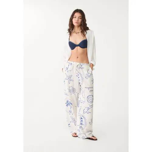 Pantalon fluide long imprimé Écru XS - Stradivarius - Modalova