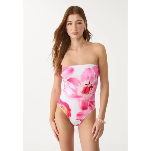 Maillot de bain bandeau fleur Écru XS - Stradivarius - Modalova