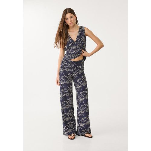 Pantalon straight brodé en lin 32 - Stradivarius - Modalova
