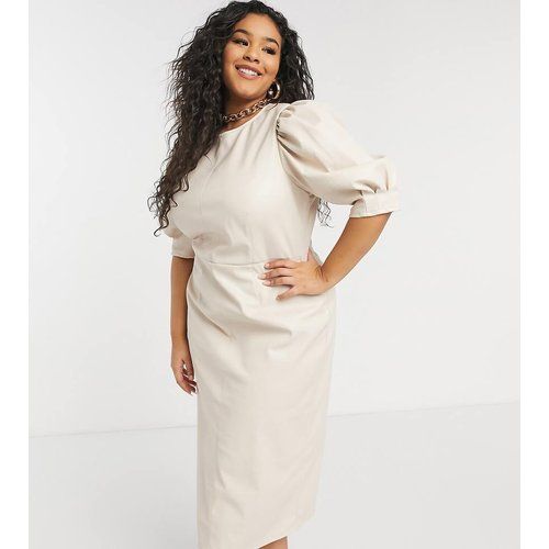 ASOS DESIGN Curve - Robe fourreau mi-longue effet cuir à manches bouffantes - Taupe - ASOS Curve - Modalova