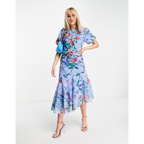 Robe mi-longue asymétrique ceinturée à manches bouffantes et imprimé coquelicots - vif - Hope & Ivy - Modalova