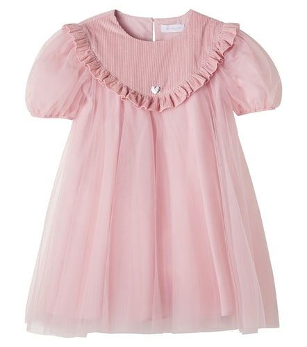 Robe en tulle à volants et finitions en velours côtelé - Monnalisa - Modalova