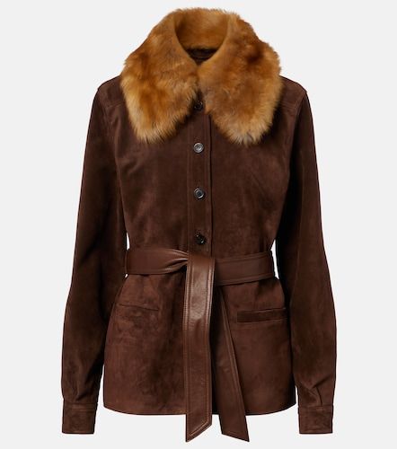 Veste ceinturée en daim à col en shearling - Saint Laurent - Modalova