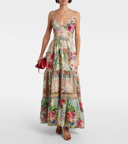 Robe longue en lin à fleurs et ornements - Camilla - Modalova