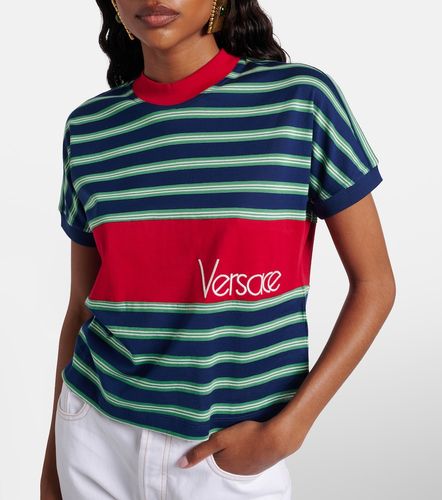T-shirt en coton rayé à logo brodé - Versace - Modalova
