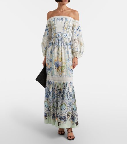 Robe longue en lin et soie à à encolure bardot et fleurs - Camilla - Modalova