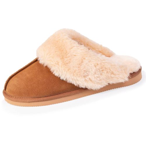 Chaussons Mules Cuir Fourré Chaud Camel - Isotoner - Modalova