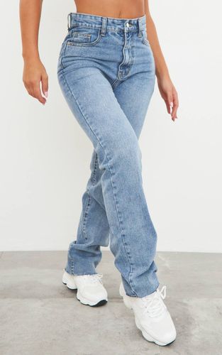 Mid Blue Wash Jean Jambe Droite Longue Ourlet Brut | Taille 34 - PrettyLittleThing - Modalova