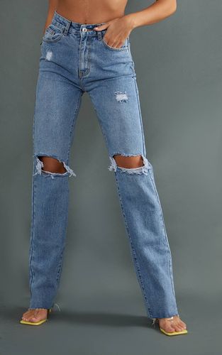 Mid Blue Wash Tall Jean Droit Taille Mi-haute Jambe Longue Déchiré | Taille 42 - PrettyLittleThing - Modalova