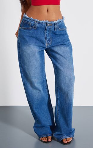Mid Blue Wash Jean Petite Taille Basse Coupe Droite Taille Effilochée | Taille 42 - PrettyLittleThing - Modalova