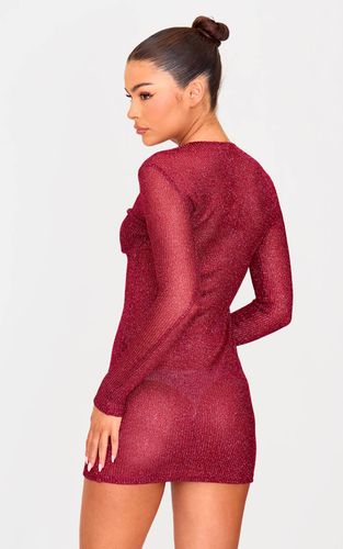 Cherry Red Robe Mini Moulante Métallisée Côtelée À Manches Longues Avec Détail Torsadé Au Buste | Taille 42 - PrettyLittleThing - Modalova