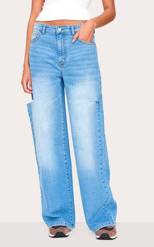 Mid Blue Wash Jean Large À Fente Sur La Cuisse | Taille 32 - PrettyLittleThing - Modalova