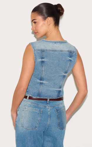 Mid Blue Wash Top Court En Denim Sans Manches À Col Rond | Taille 32 - PrettyLittleThing - Modalova
