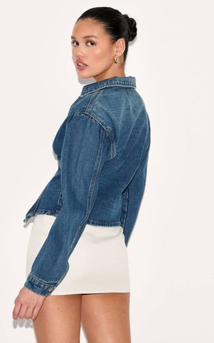 Mid Blue Wash Chemise En Denim À Manches Ballon Avec Taille Cintrée Et Ourlet Fendu | Taille 42 - PrettyLittleThing - Modalova