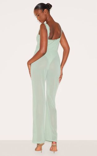 Sage Green Combinaison Évasée En Mousseline À Imprimé Floral Avec Détail Corset | Taille 42 - PrettyLittleThing - Modalova