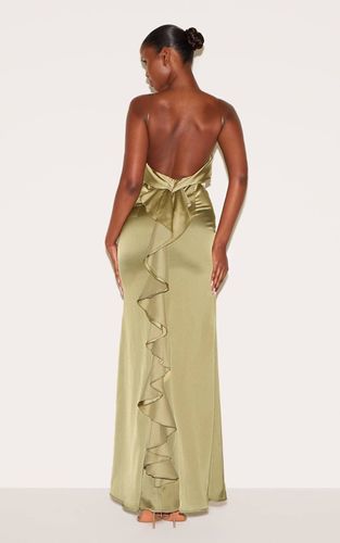Sage Green Robe Longue En Satin À Détail Volant Drapé Au Dos | Taille 42 - PrettyLittleThing - Modalova