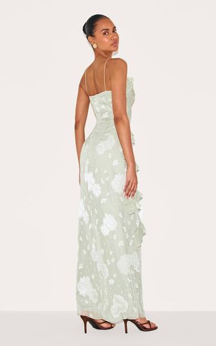 Sage Green Robe Longue À Volants Brodés De Fleurs | Taille 42 - PrettyLittleThing - Modalova