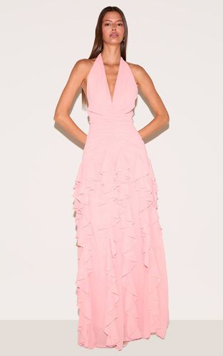 Light Pink Robe Longue À Décolleté Plongeant Avec Fronces Et Détails À Volants | Taille 42 - PrettyLittleThing - Modalova