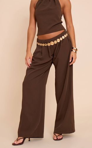 Dark Brown Pantalon Large Taille Basse Plissé En Tissu Tissé | Taille 42 - PrettyLittleThing - Modalova