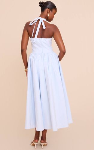Light Blue Robe Midaxi À Pois Froncée Avec Col Licou Et Détail Noué | Taille 32 - PrettyLittleThing - Modalova